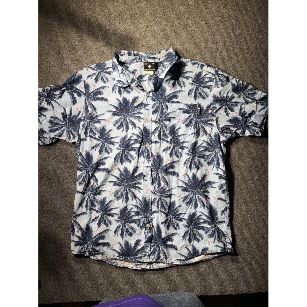 LRG Mens XL Blue Palm Tree Tropical Short Sleeve Button DownShirt CottonHawaiian